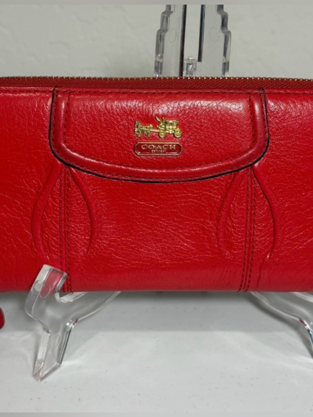 Coach Red Leather Zip Around Wallet with Gold Horse & Carriage Logo